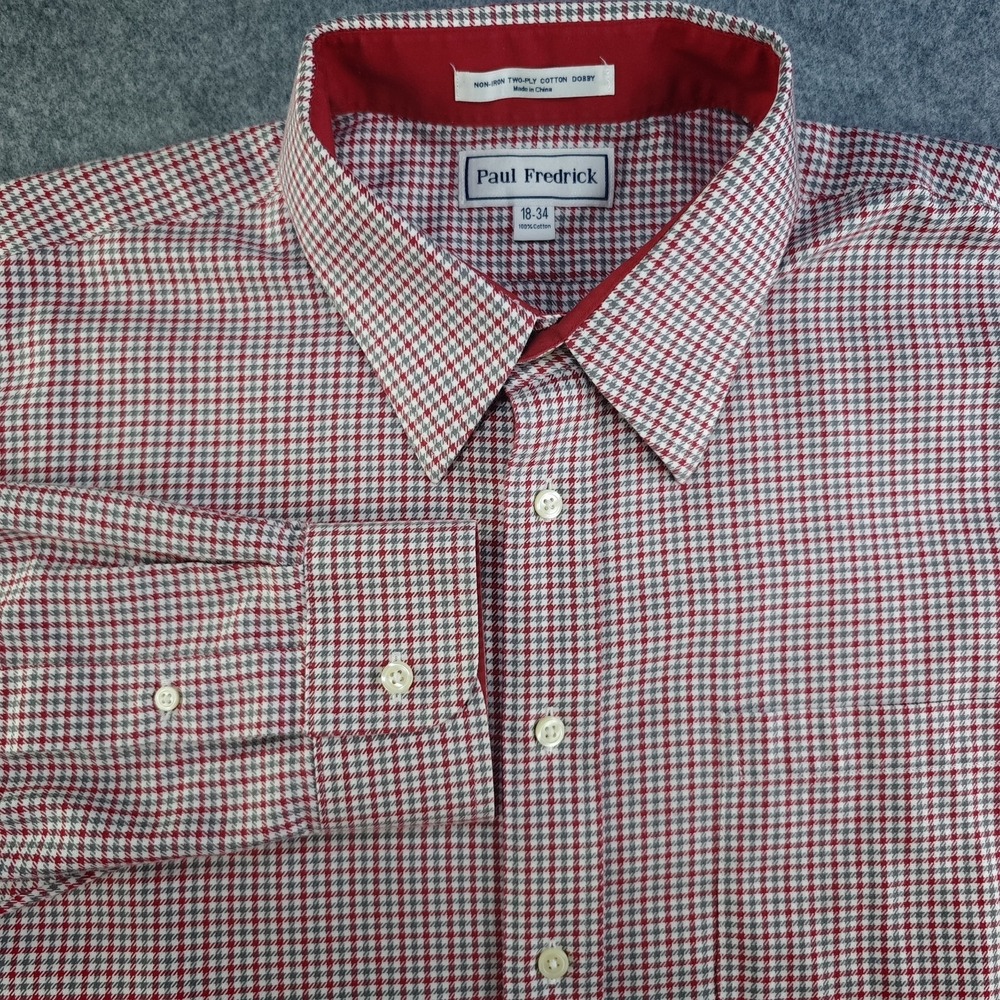 Paul Frederick Dress Shirt 18 34 Red Gray Houndstooth Non Iron Point Collar